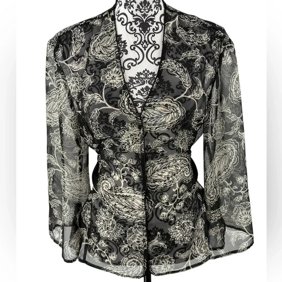 Cato Black Sheer Floral Tie Waist Chiffon Blouse Top Size L - Picture 3 of 11